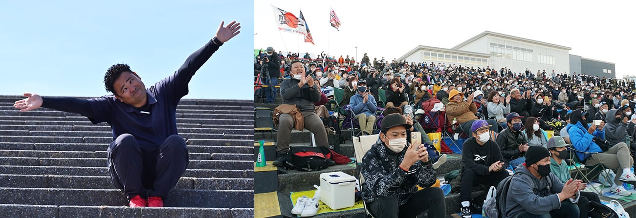 水の郷さわらの裏手にある、階段スペースに座ってステージパフォーマンスを見ることができます